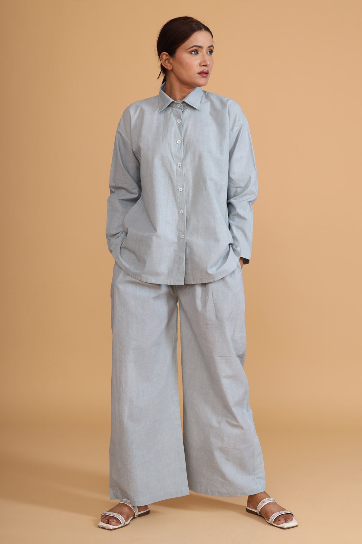 Casual Mint Green Cotton Poplin Shirt & Pants Co-ord Set at ScrollnShops