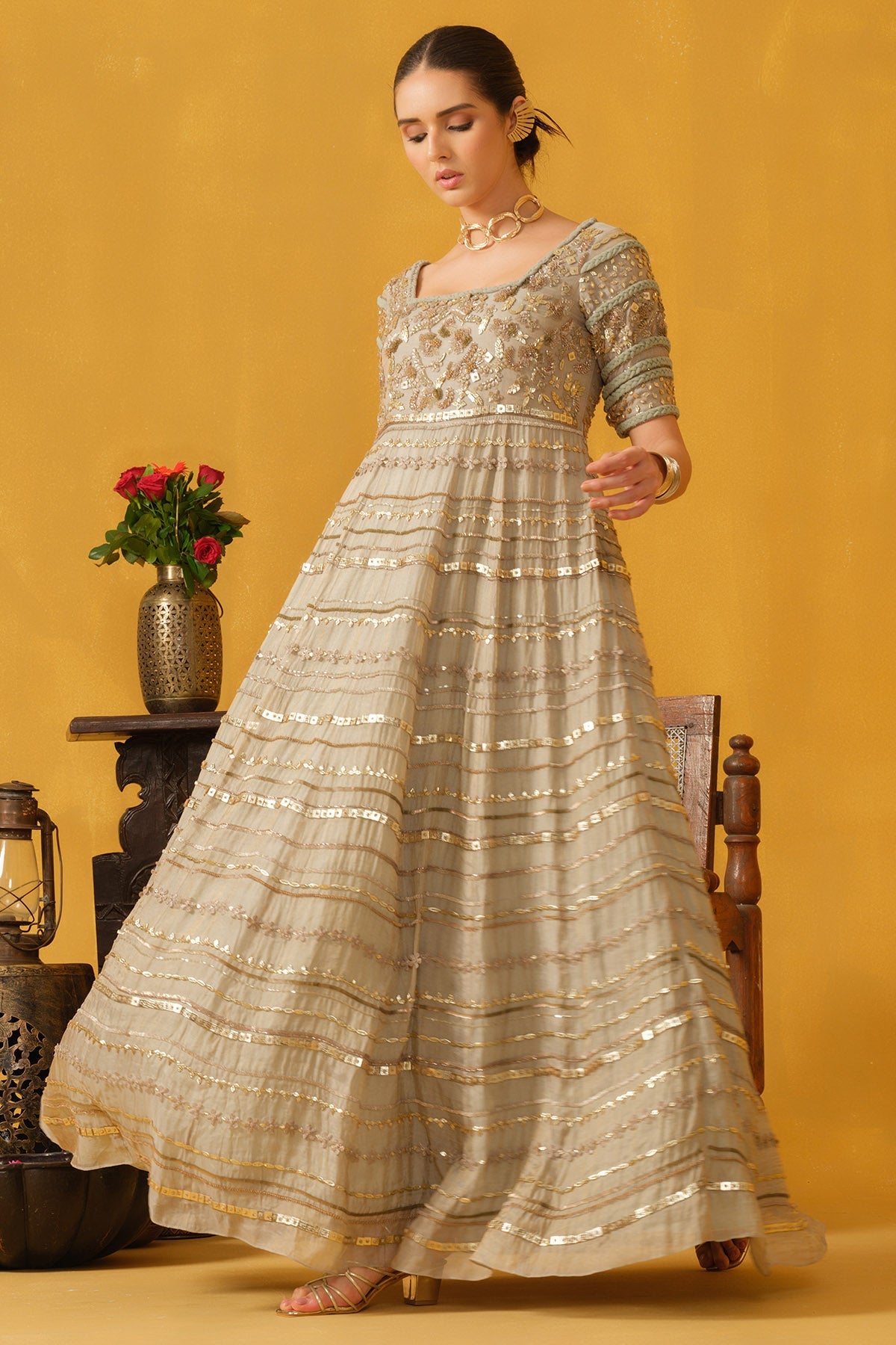 Buy Celadon Tint Leaf Beads Gown for women by Abstract By Megha Jain Madaan online available at scrollnshops