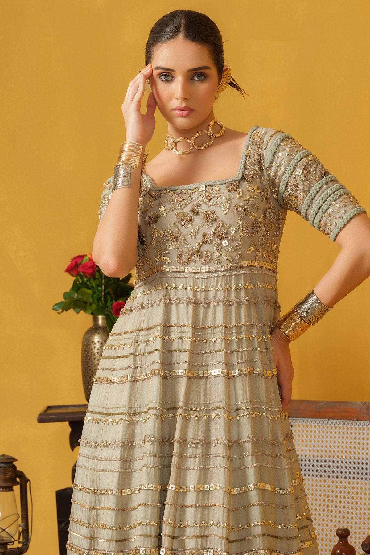 Celadon Tint Leaf Beads Gown