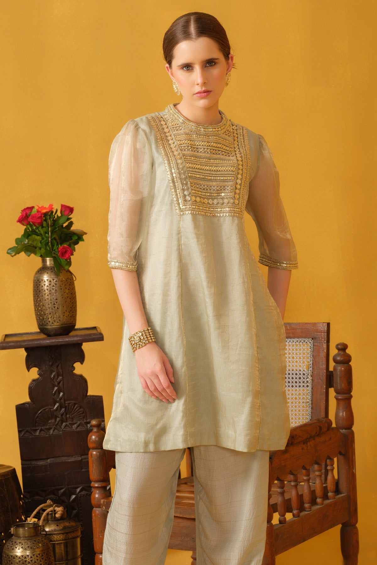 Buy Celadon Tint Sequins Kurta Set for women by Abstract By Megha Jain Madaan online available at scrollnshops