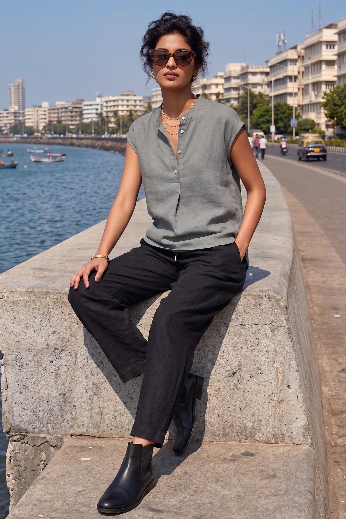 Cement Grey Cotton Button Top