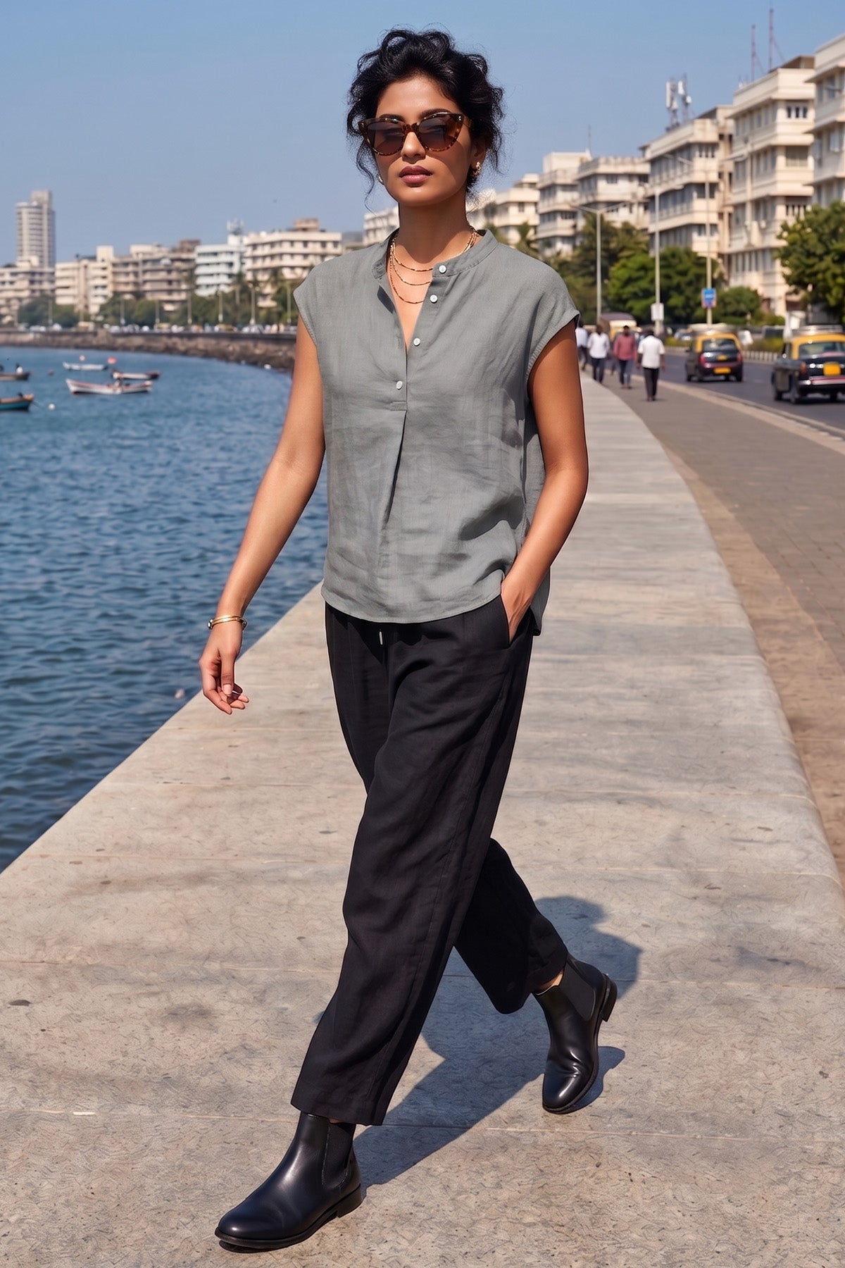 Buy Cement Grey Cotton Button Top for women by Sneha B online available at scrollnshops