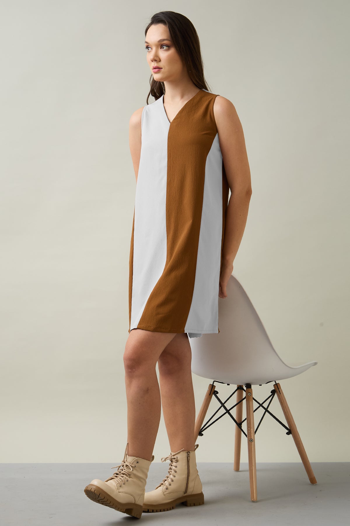 Buy Chalk & Brown Colorblock Dress for Women by SNEHA B Designer online available at scrollnshops