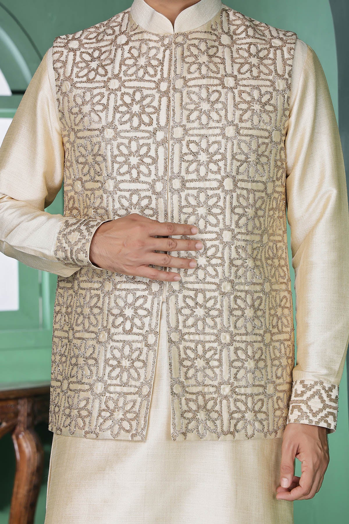 Champagne Pitta Work Kurta Set