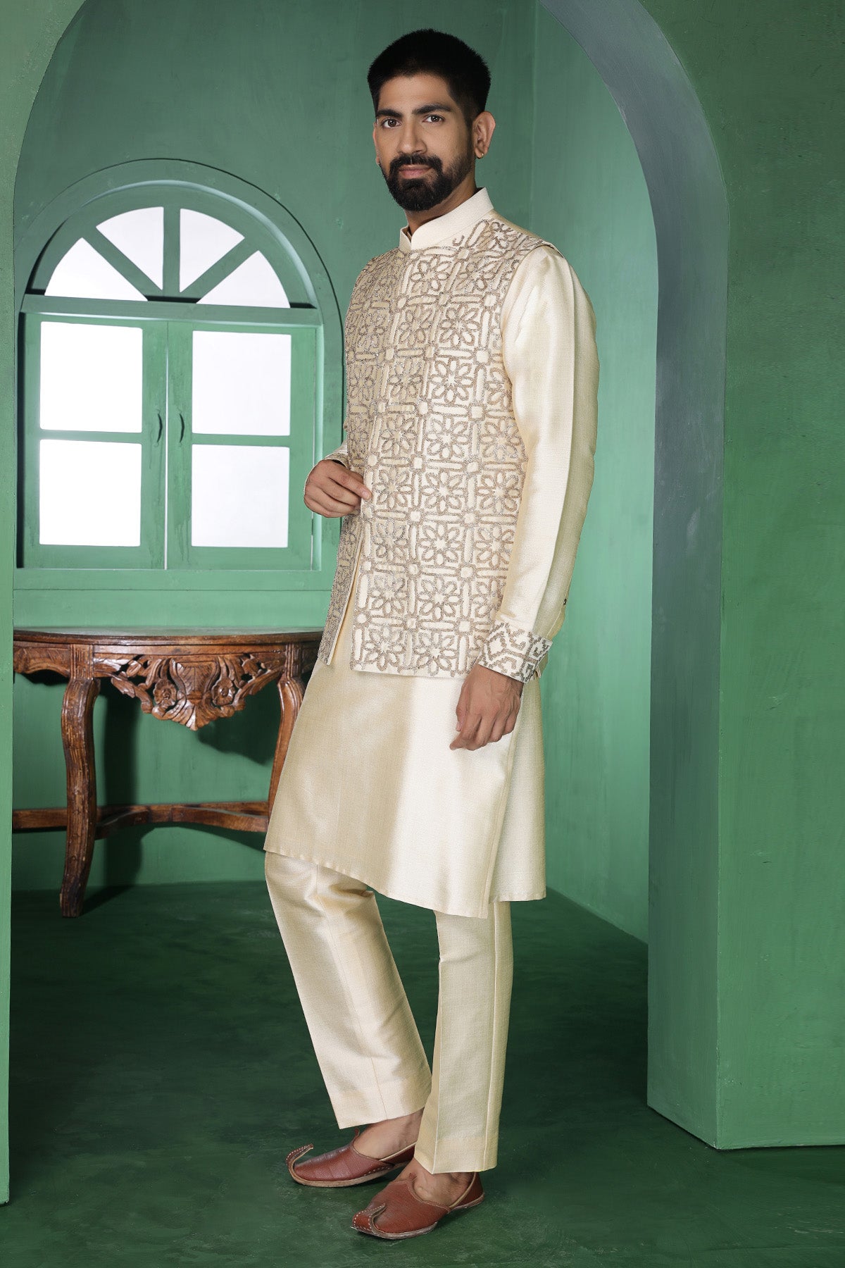 Buy Champagne Pitta Work Kurta Set for Men by Designer Harshita Dhanawat available online at ScrollnShops