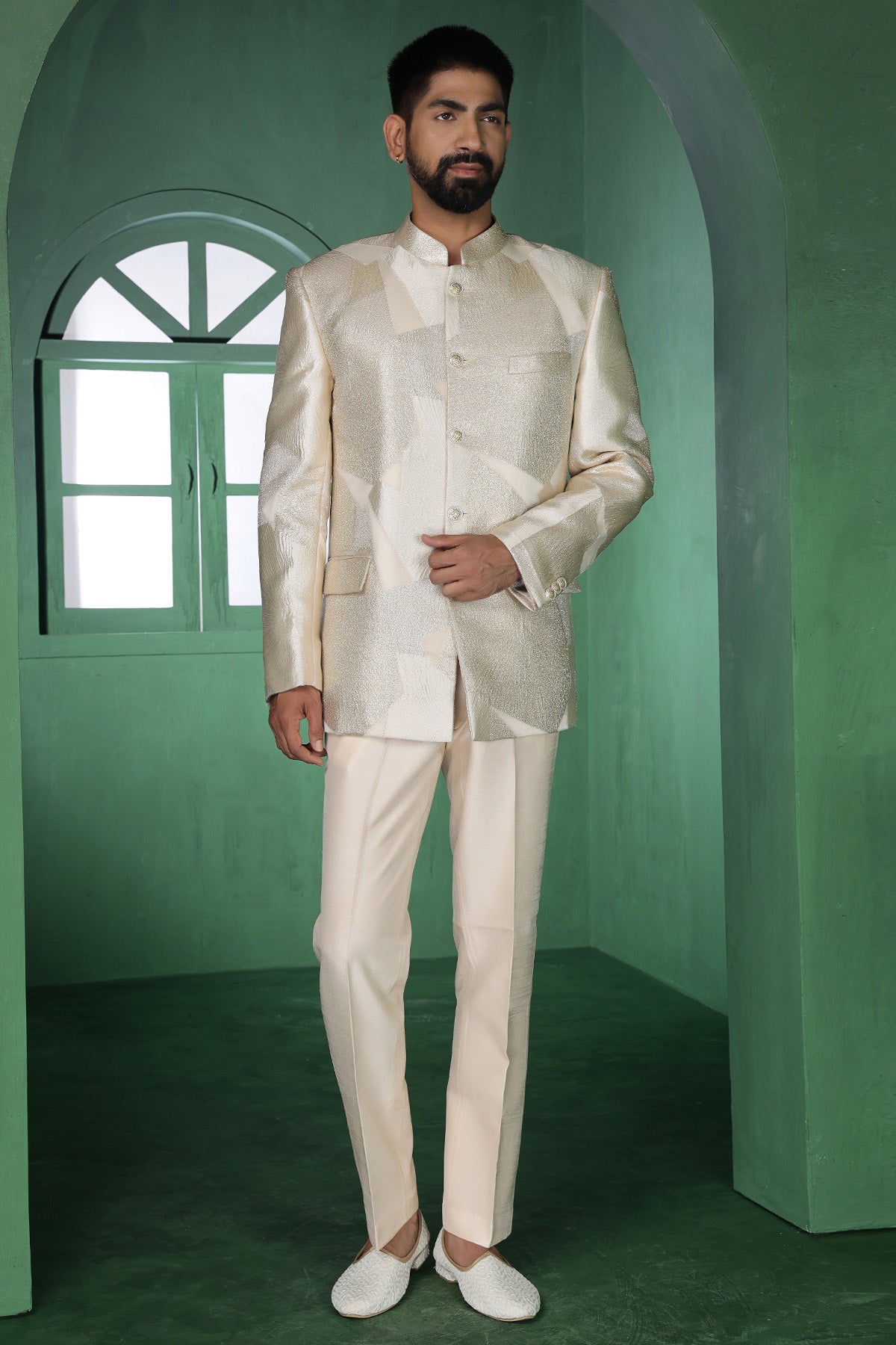 Buy Champagne Tissue Bandhgala Set for Men by Designer Harshita Dhanawat available online at ScrollnShops