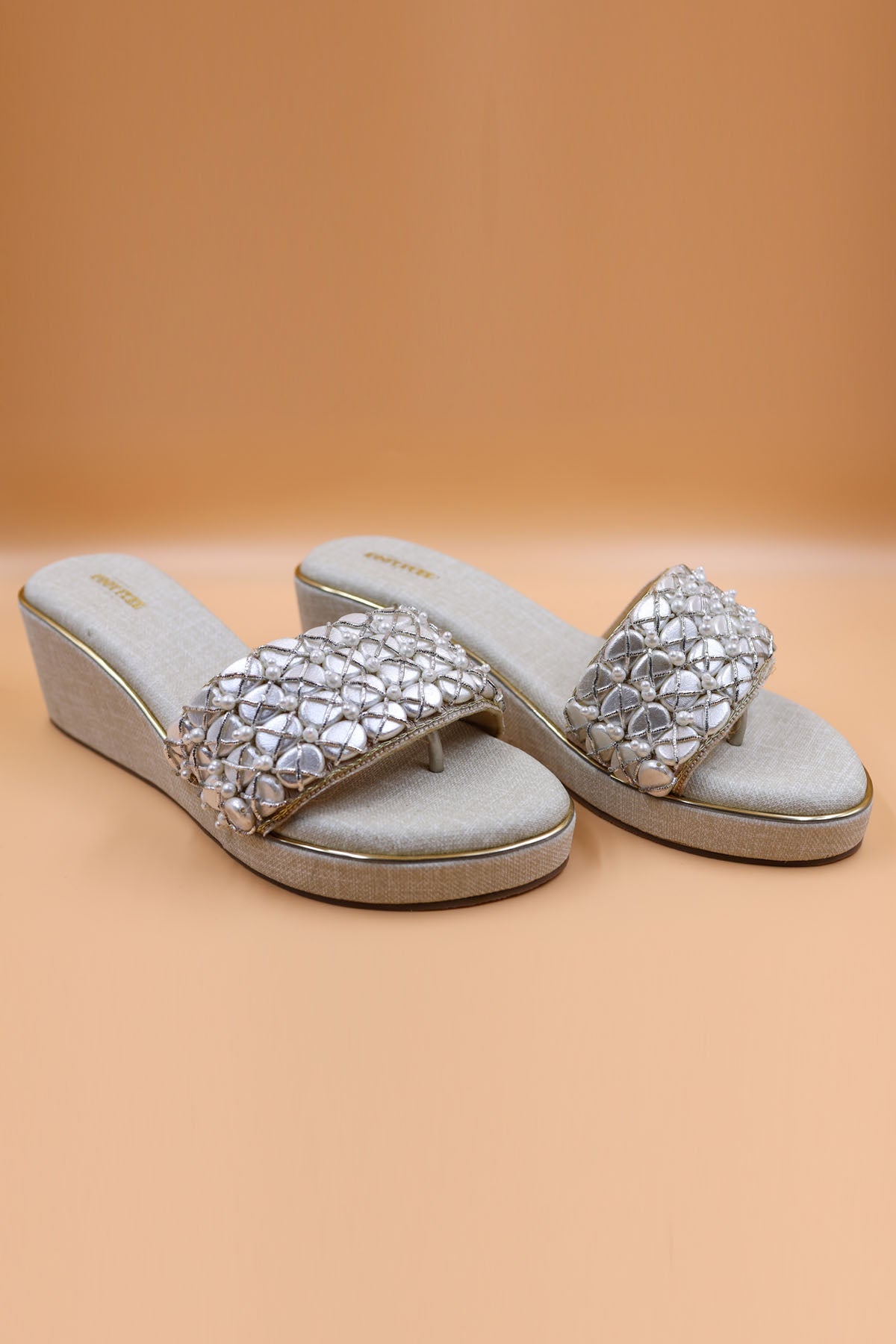 Foot Fuel Champagne Zardosi Work Wedges for accessories online at ScrollnShops