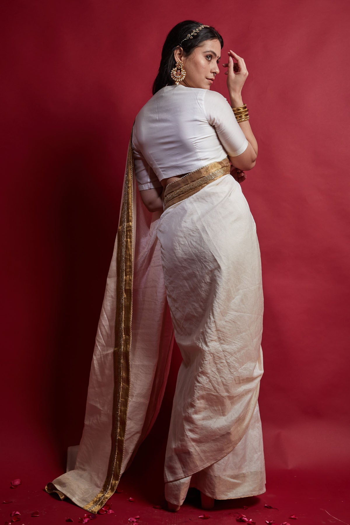 Ivory & Gold Pre Drape Saree Set