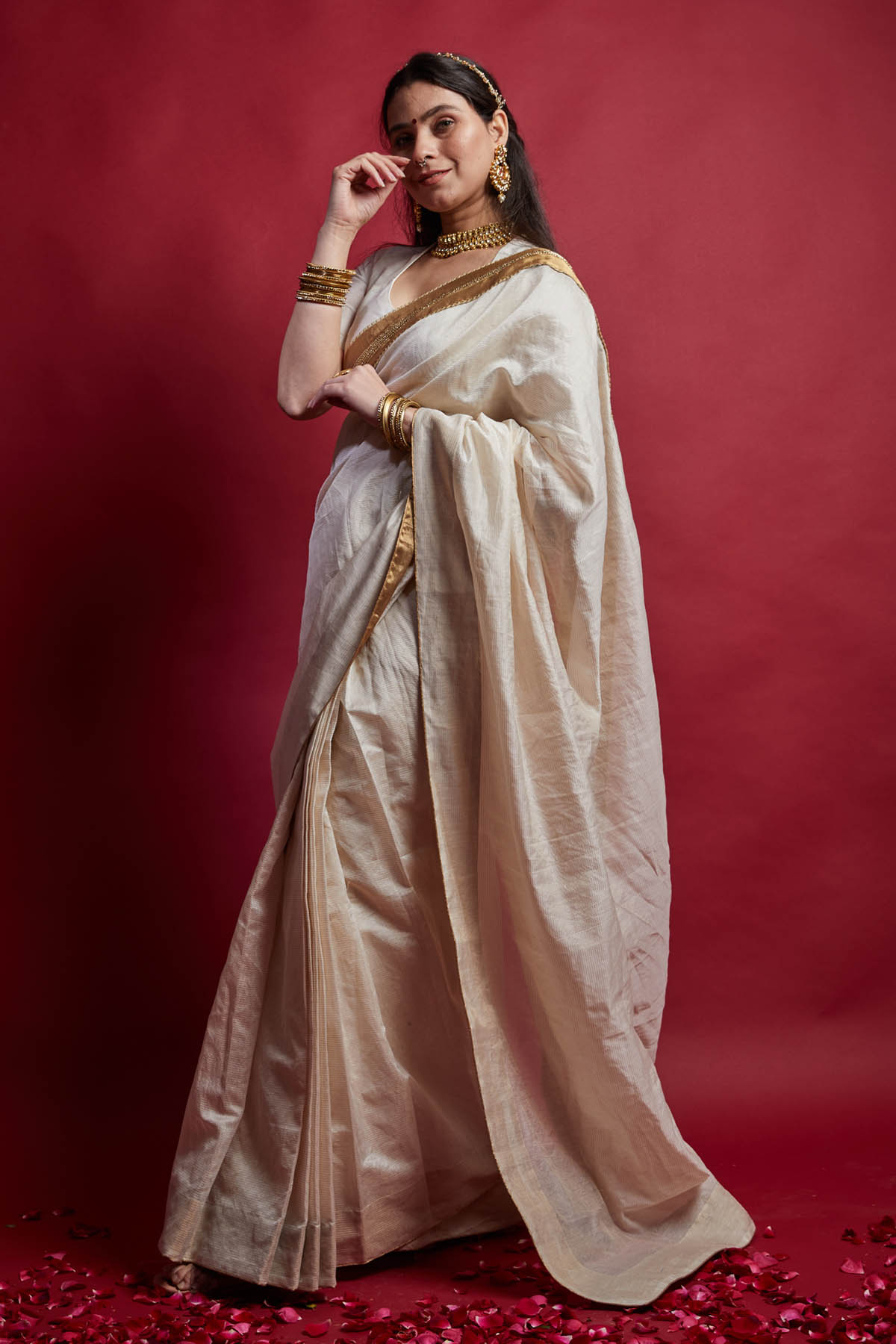 Ivory & Gold Pre Drape Saree Set