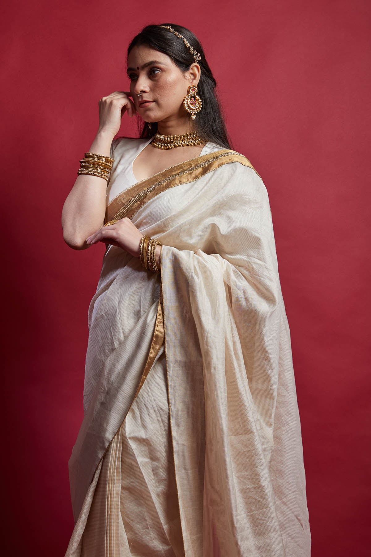 Ivory & Gold Pre Drape Saree Set