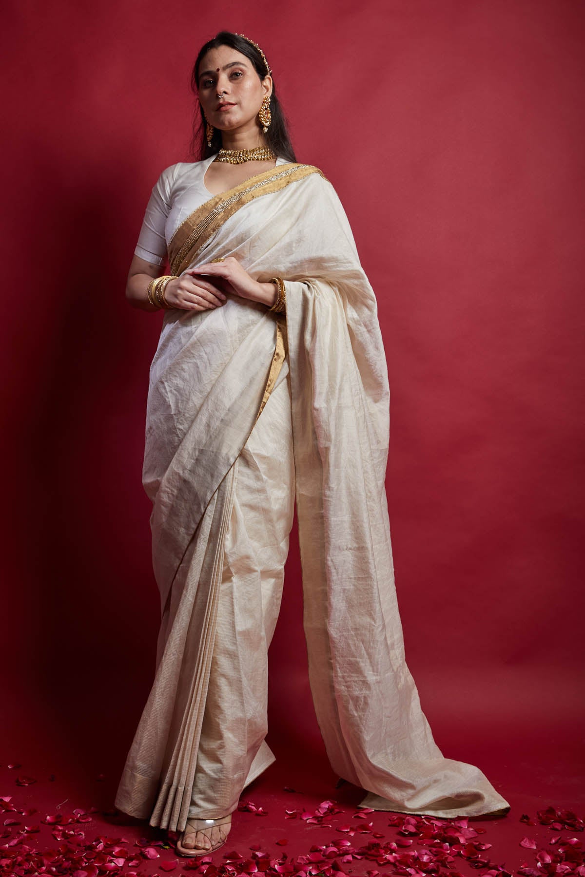 Ivory & Gold Pre Drape Saree Set