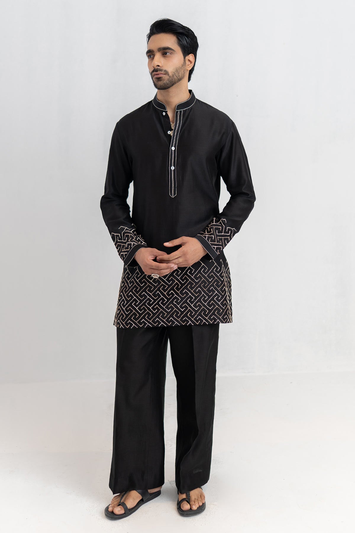 Buy Chanderi Black Short Kurta Pant for men by Ajiesh Oberoi online available at scrollnshops