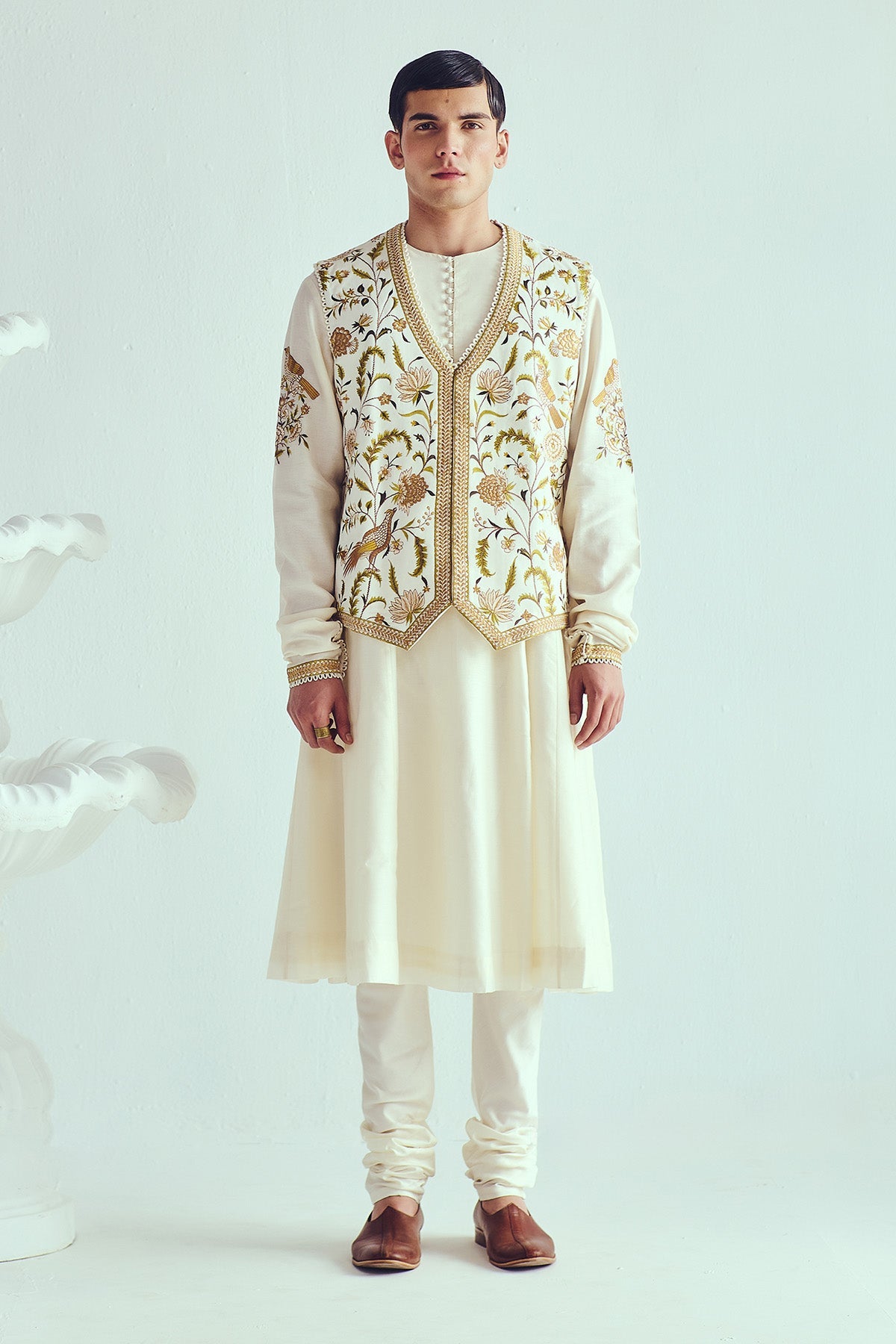 Buy Chanderi Ivory Flared Kurta Set by WABI SABI for Men online at ScrollnShops