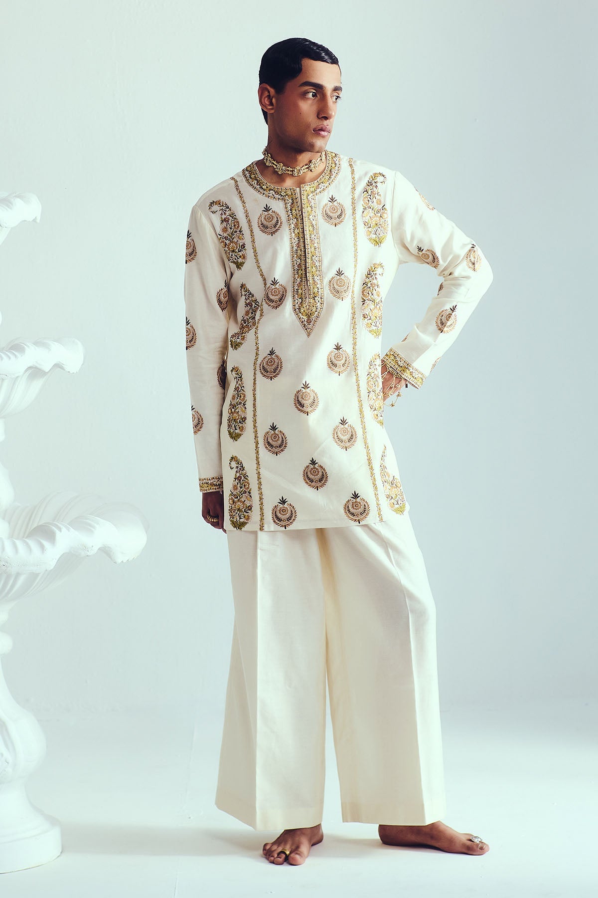 Buy Chanderi Ivory Short Kurta Set by WABI SABI for Men online at ScrollnShops