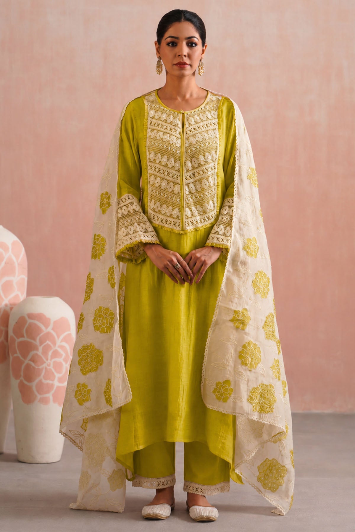 Buy Lime Green Detailing Kurta Set for women by Ugna by Unnati online available at scrollnshops
