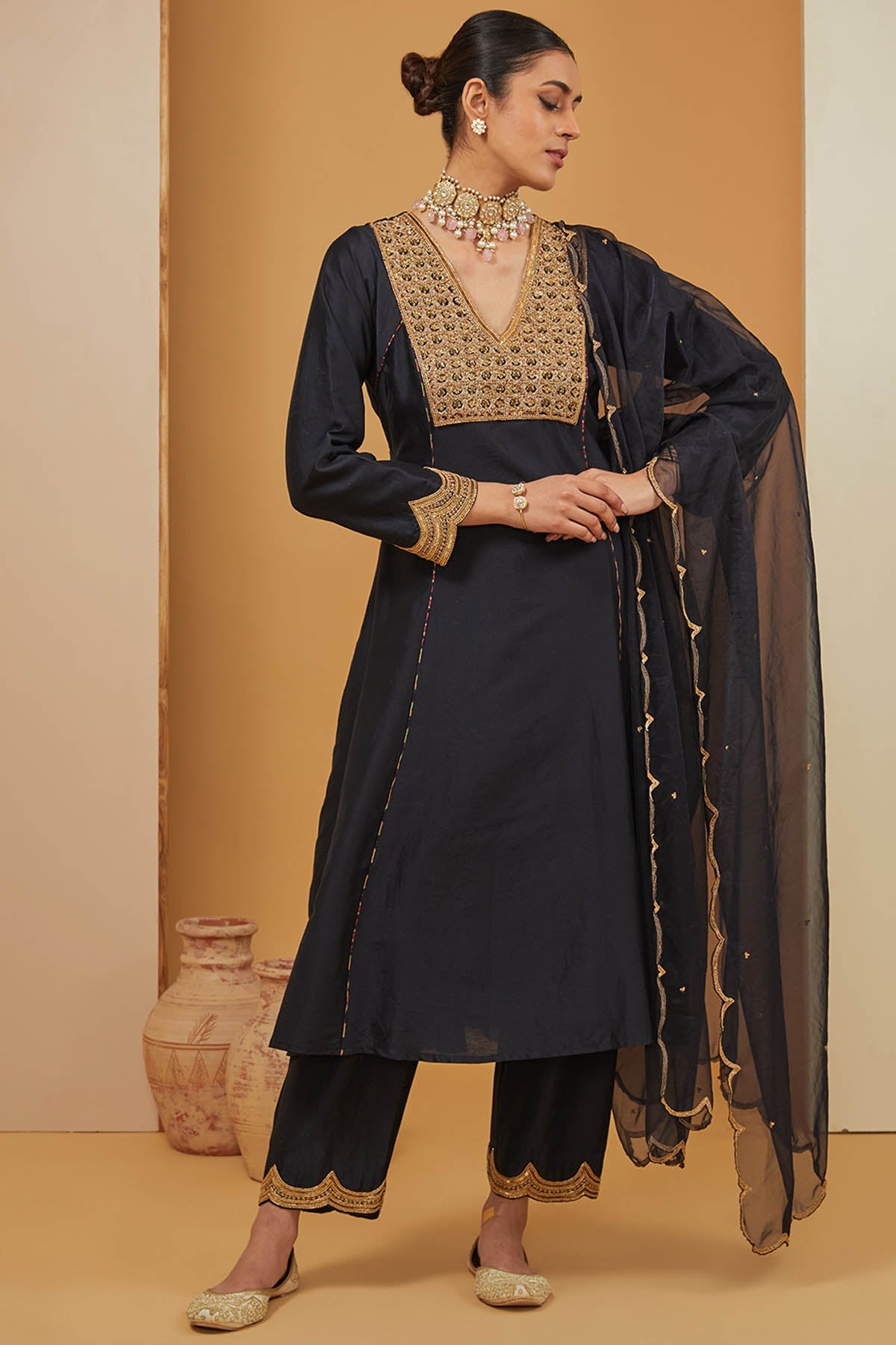 Neha Khullar Chanderi Silk Black Kurta Set for women online at ScrollnShops