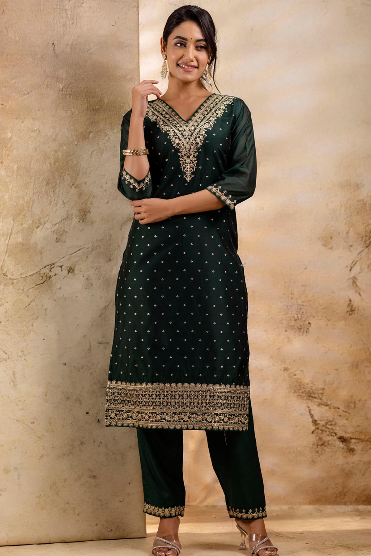 Chanderi Silk Green Kurta Set