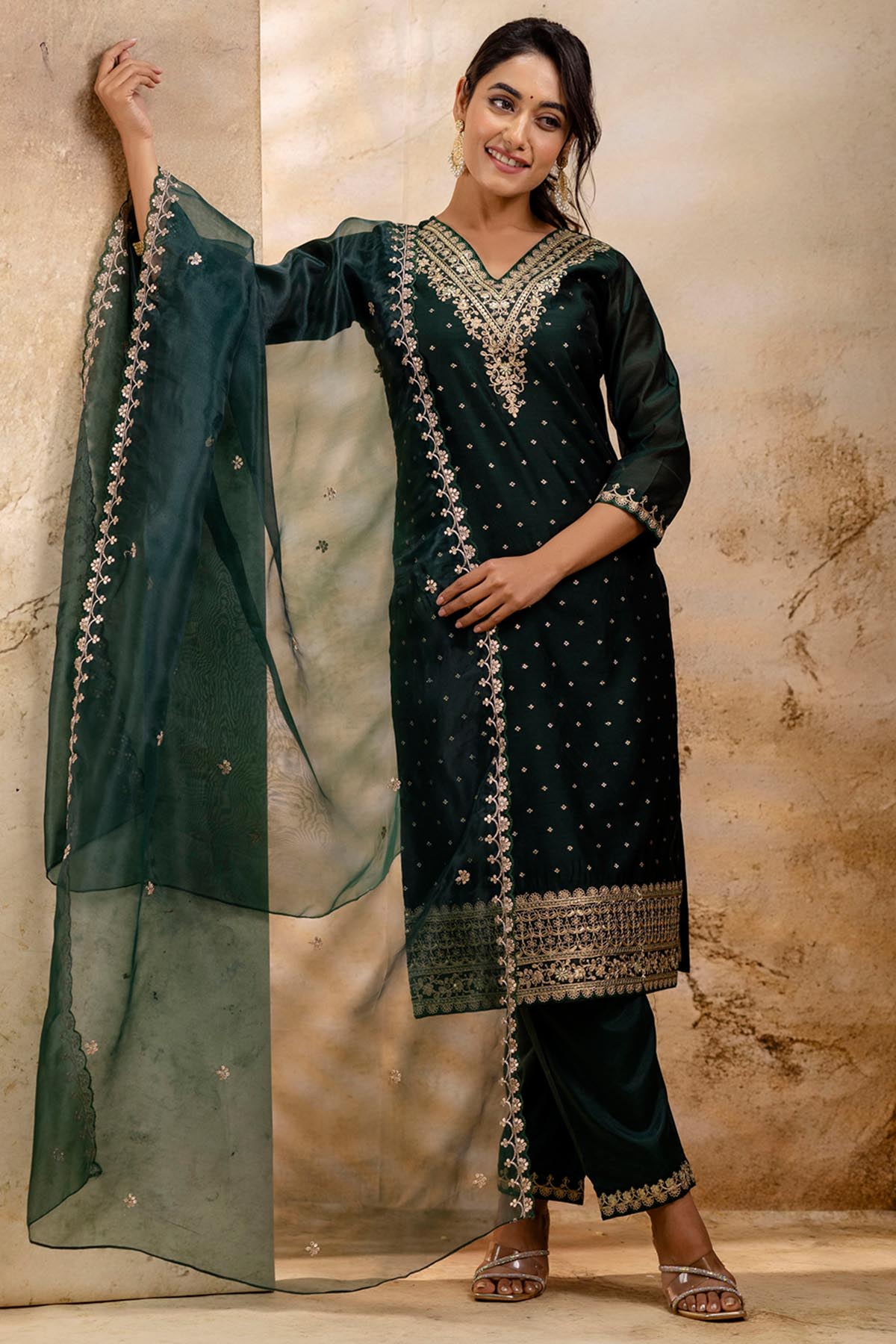Buy Chanderi Silk Green Kurta Set for women by Aastha Fashion online available at scrollnshops