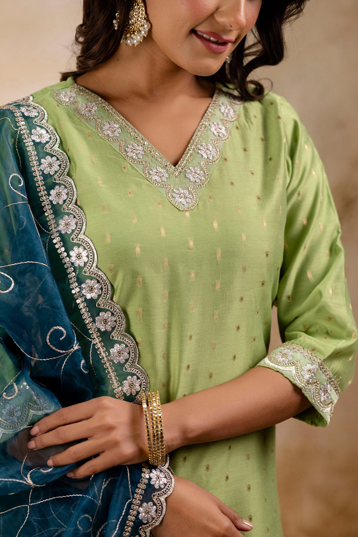 Chanderi Silk Mehendi Kurta Set