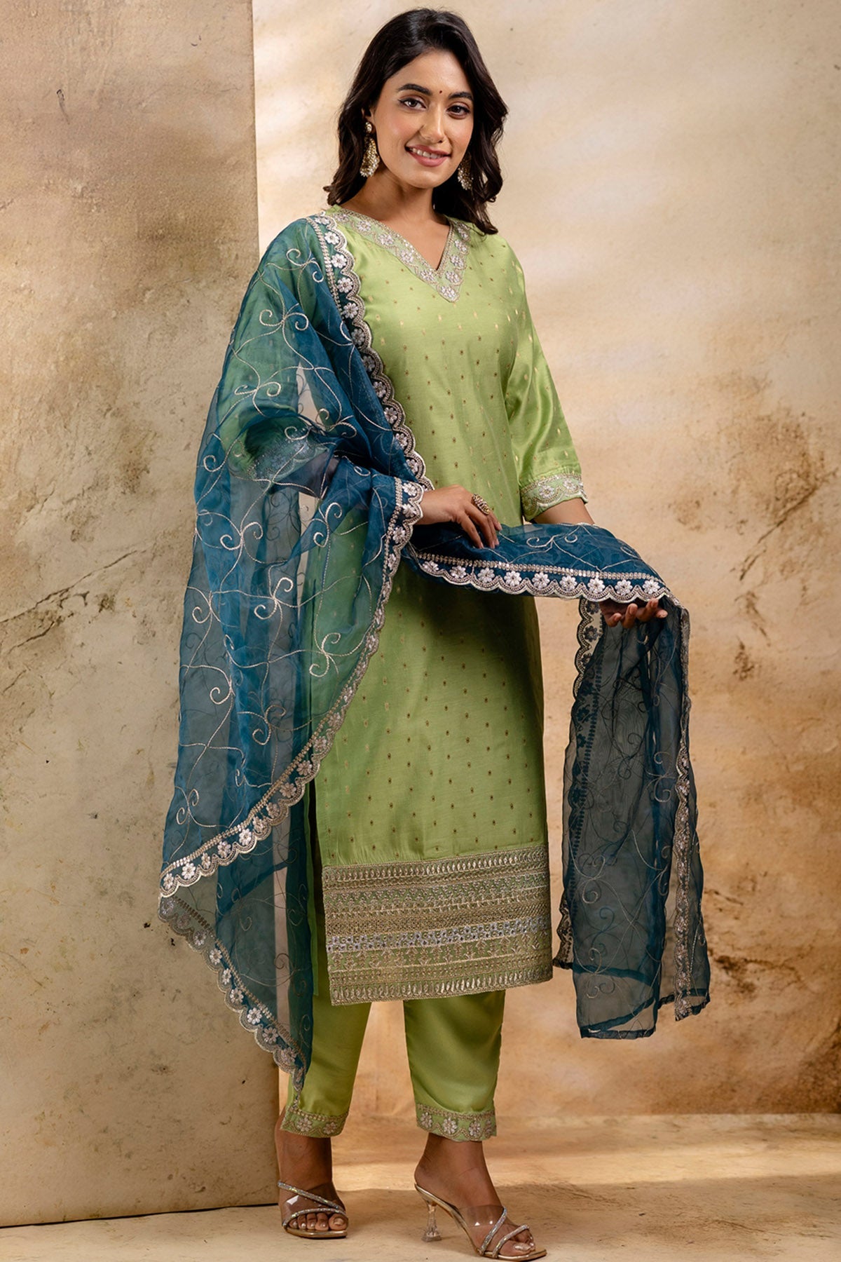 Buy Chanderi Silk Mehendi Kurta Set for women by Aastha Fashion online available at scrollnshops