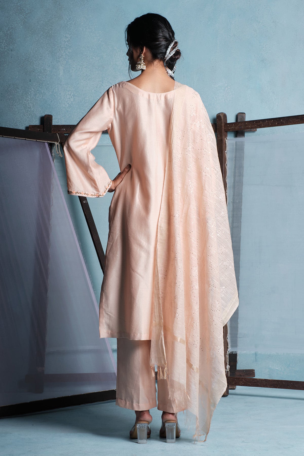 Chanderi Silk Peach Kurta Set
