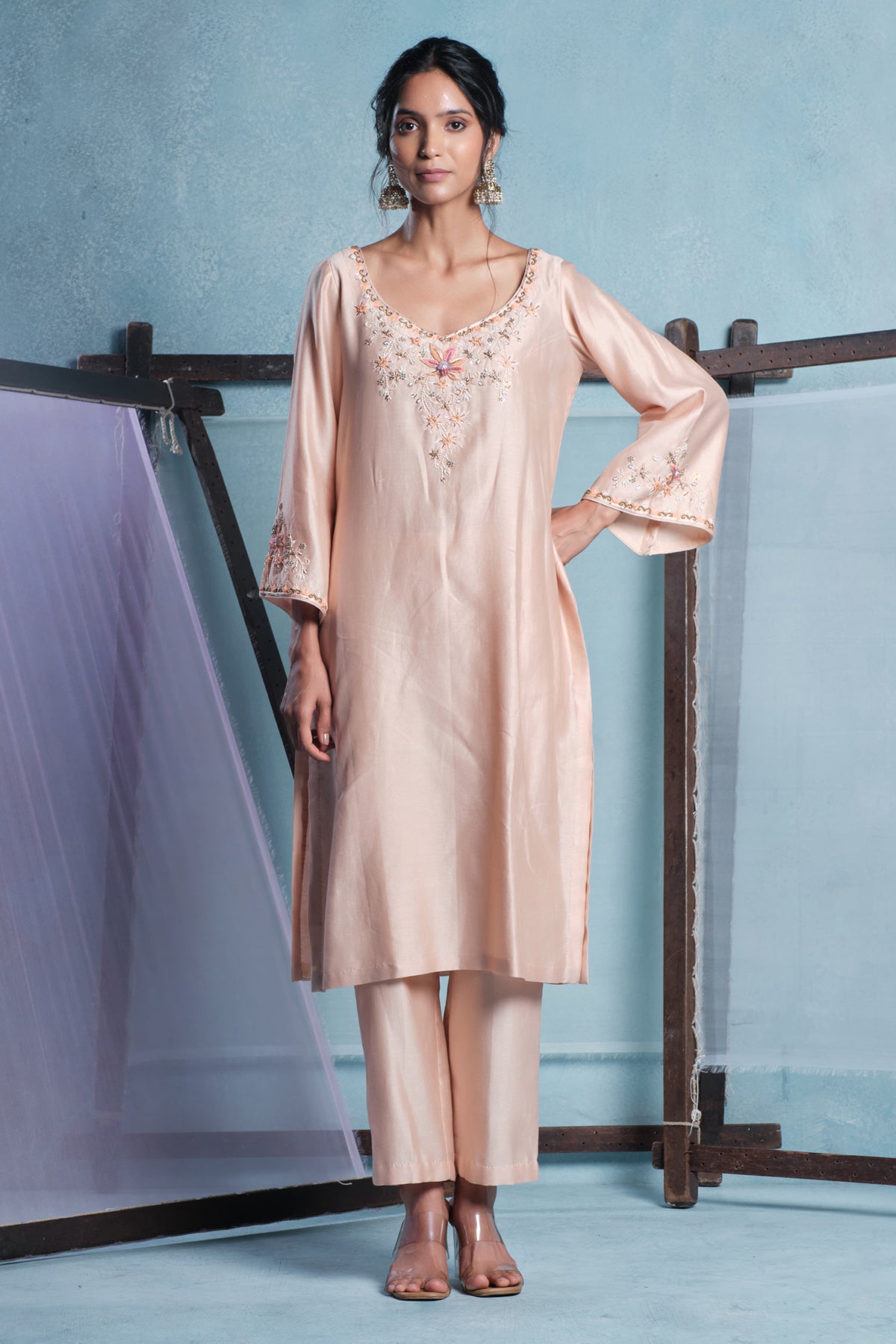 Chanderi Silk Peach Kurta Set