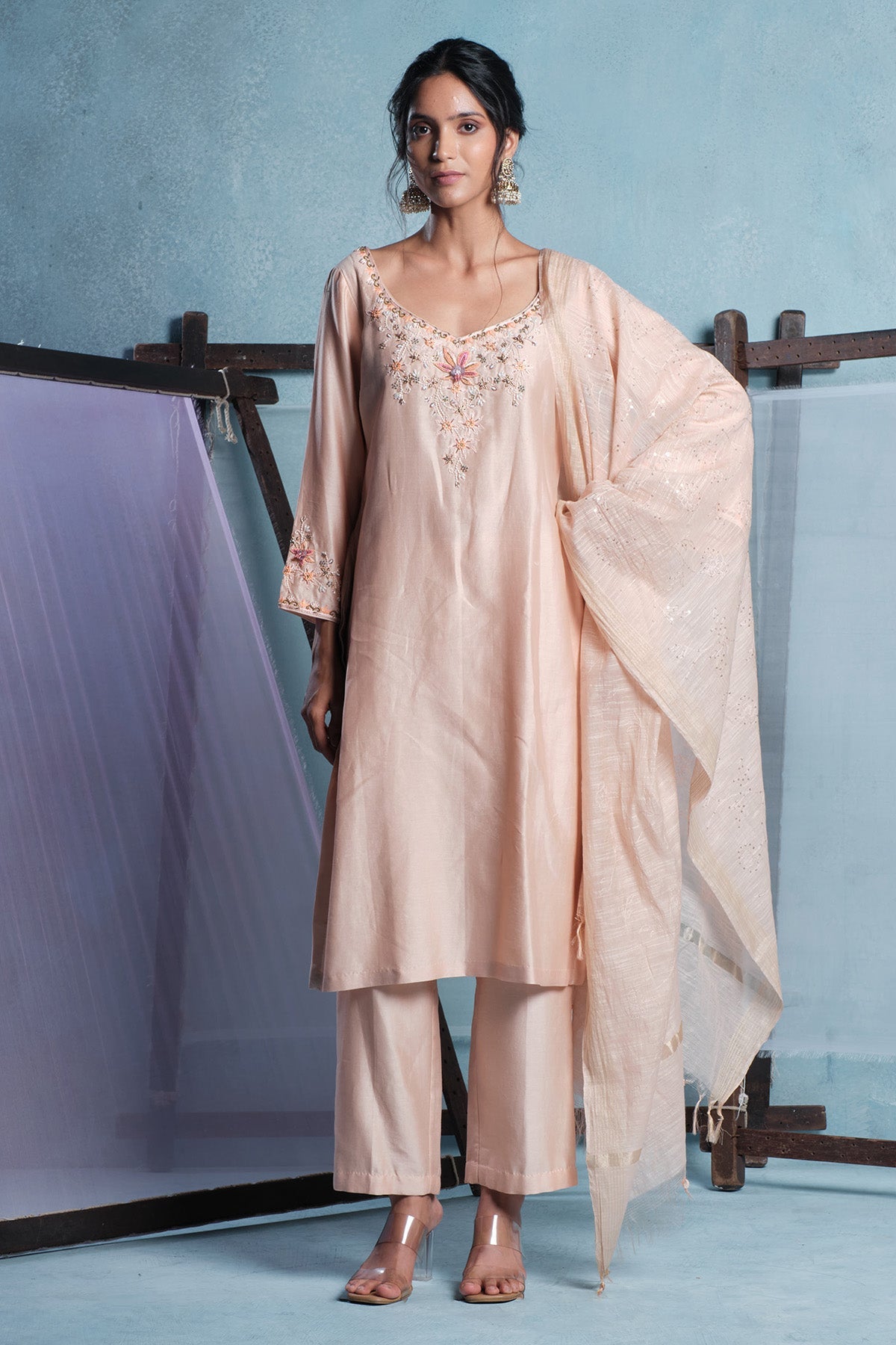 Buy Chanderi Silk Peach Kurta Set for women online available at Scrollnshops 