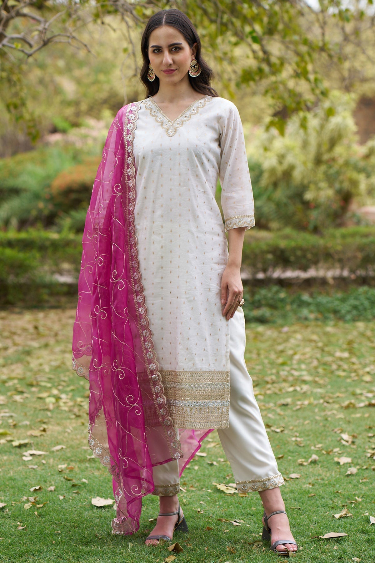 Buy Chanderi Silk White Kurta Set for women by Aastha Fashion online available at scrollnshops