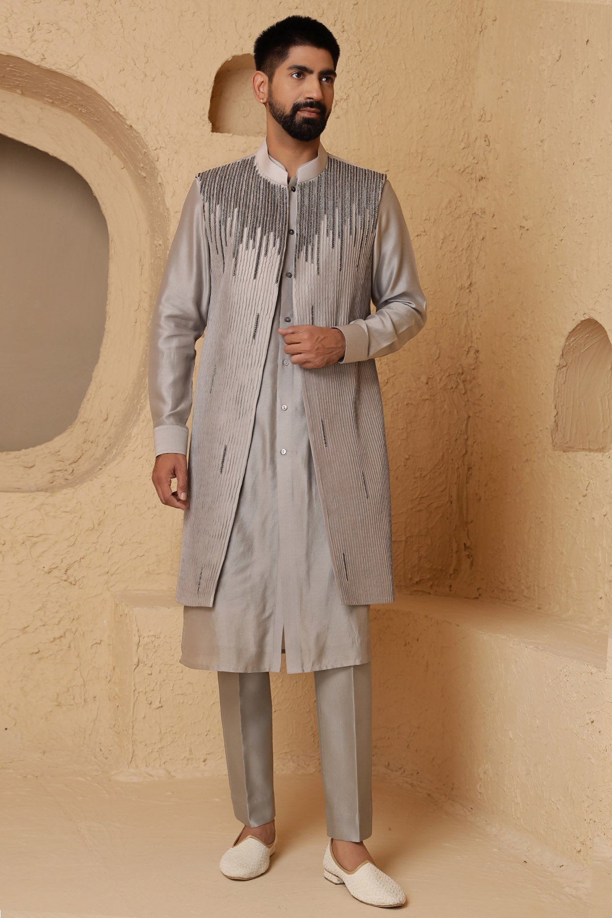 Buy Charcoal Grey Jacket Kurta Set for Men by Designer Harshita Dhanawat available online at ScrollnShops