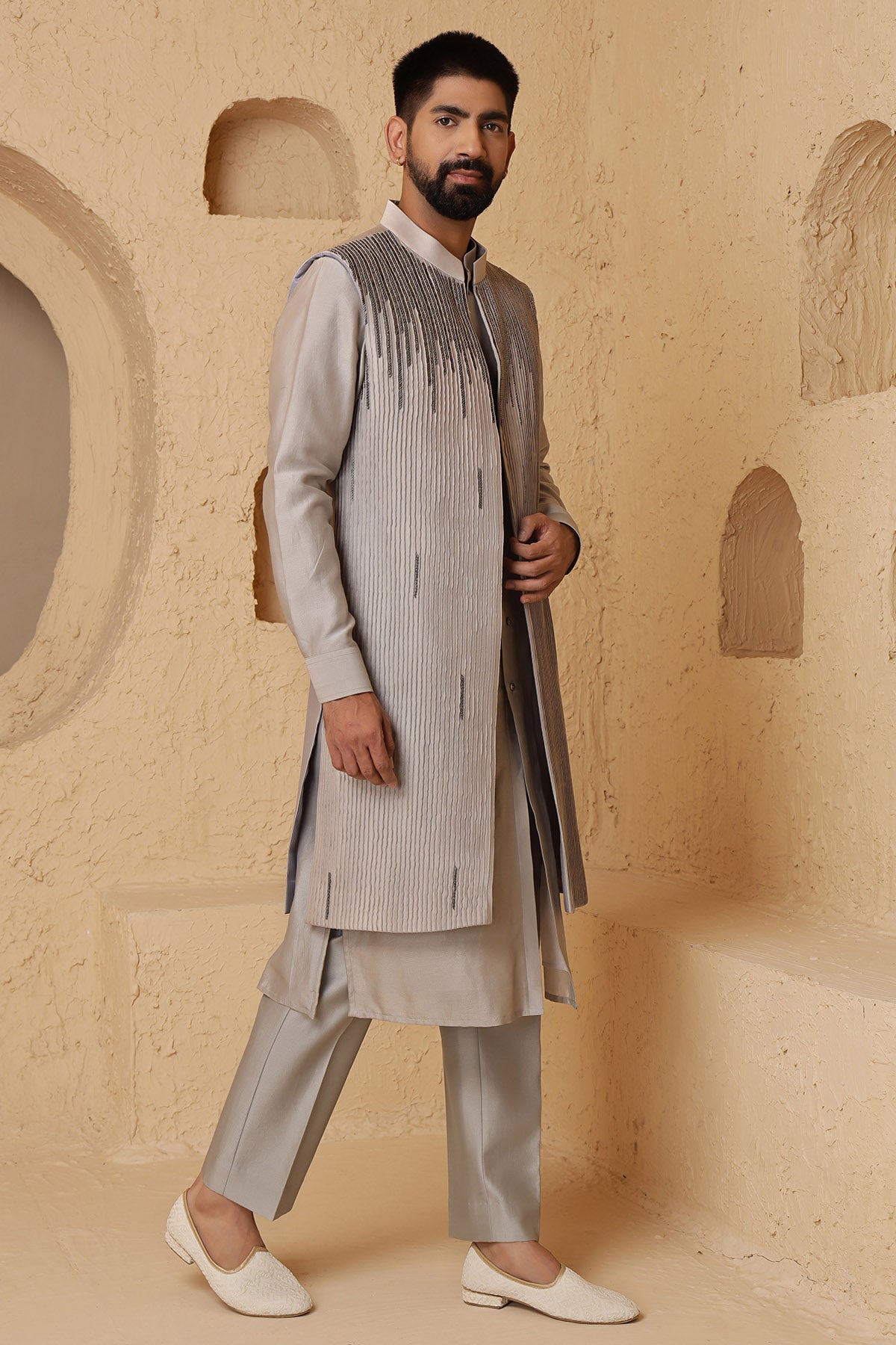 Charcoal Grey Jacket Kurta Set