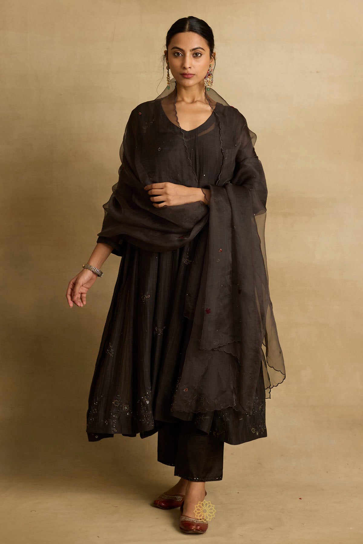 Rhua Charcoal Zardozi Anarkali Set for women online at ScrollnShops