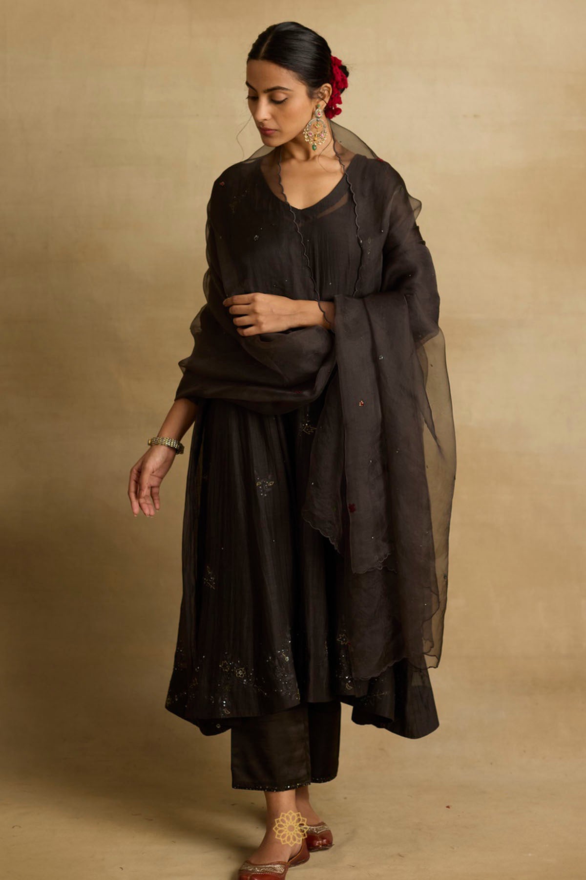 Charcoal Zardozi Anarkali Set