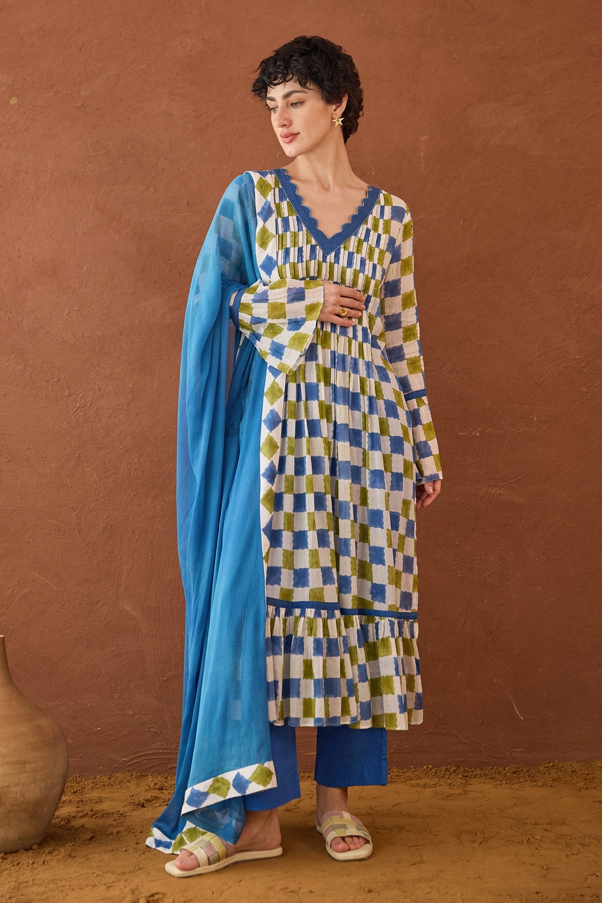 Buy Checks Printed Pintuck Kurta Set by Taro India for women online at ScrollnShops