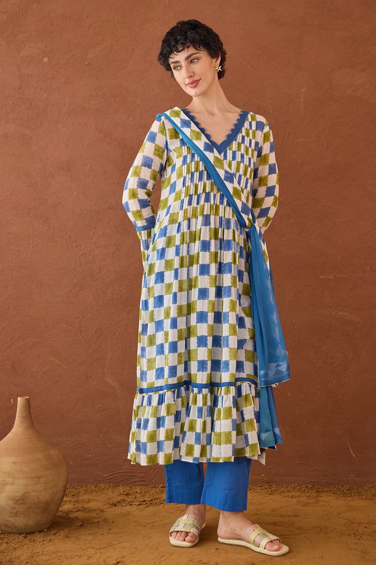 Checks Printed Pintuck Kurta Set