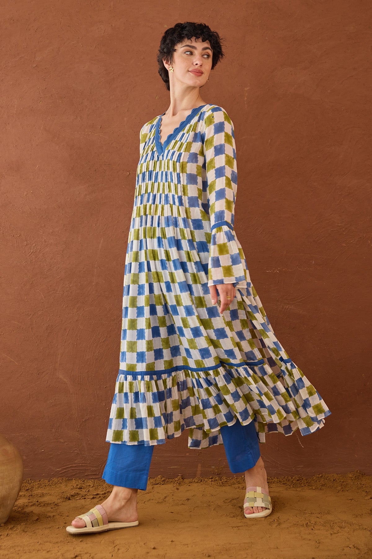 Checks Printed Pintuck Kurta Set