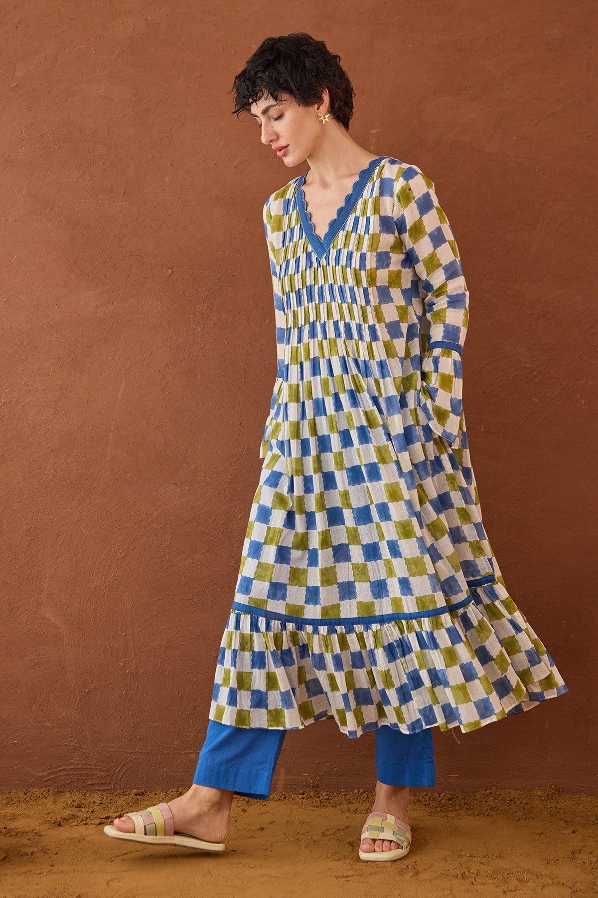 Checks Printed Pintuck Kurta Set