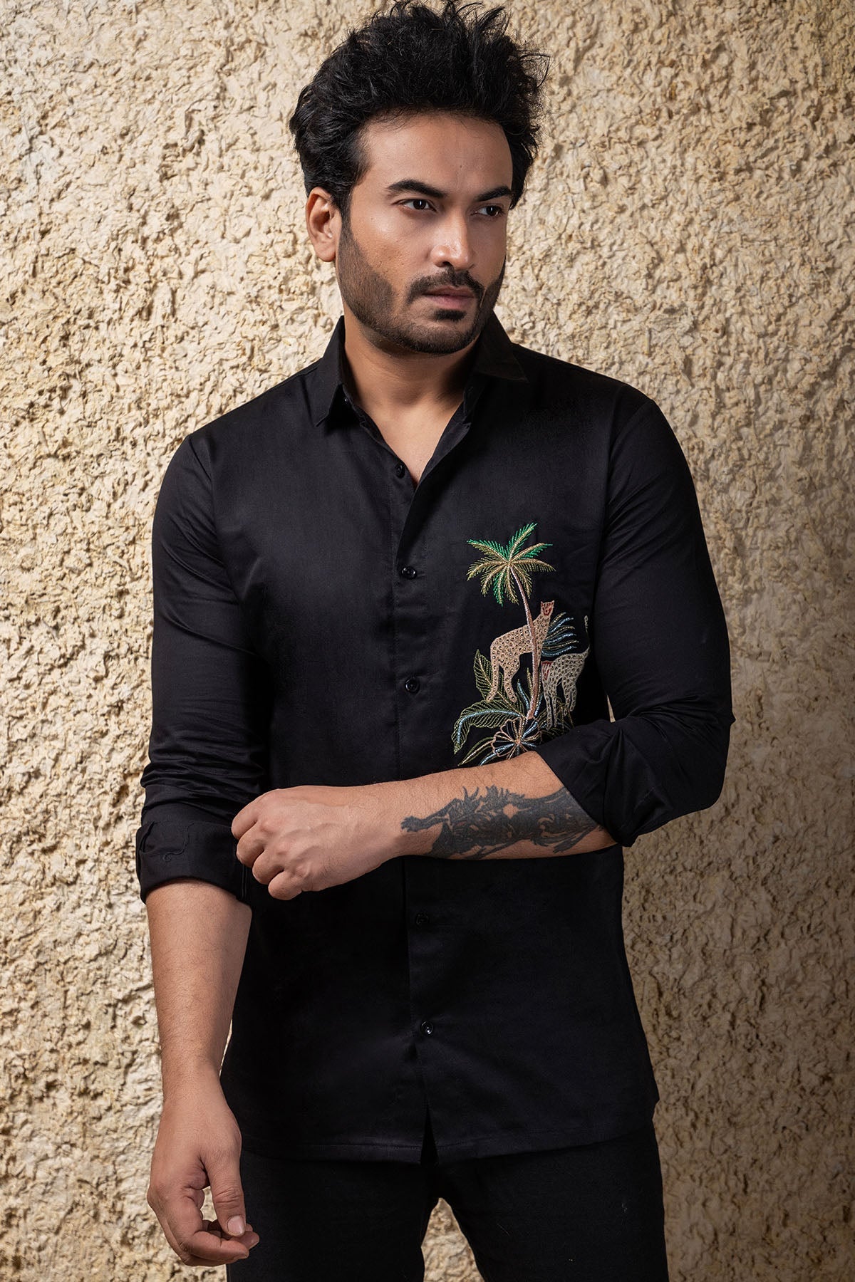 Buy Cheetah Embroidered Black Shirt by Priyanka Haralalka for men online at ScrollnShops
