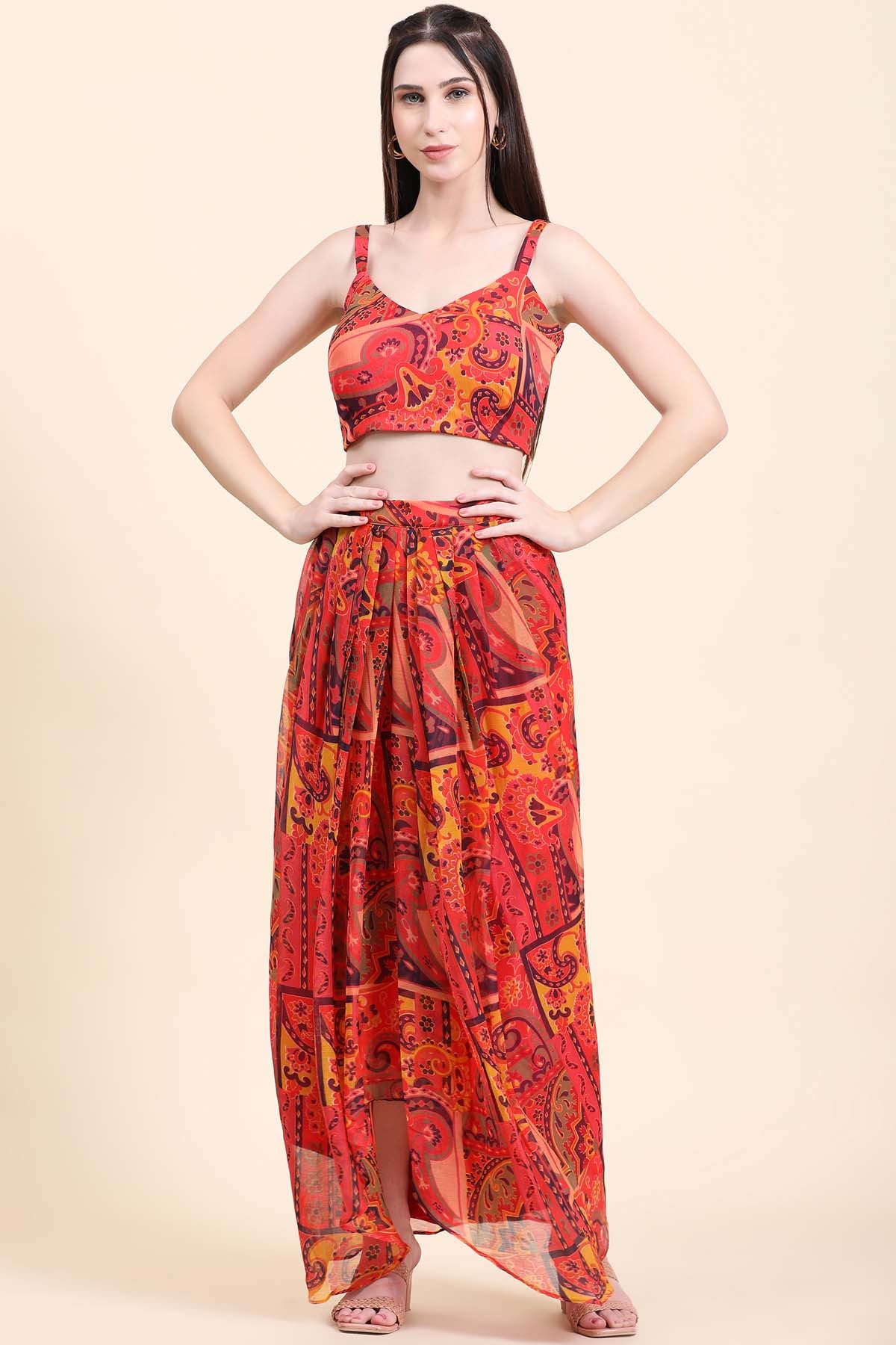 Cherry Red Dhoti Set