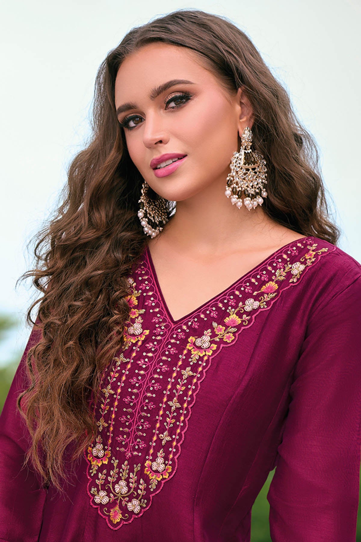 Cherry Red Embroidery Kurta Set