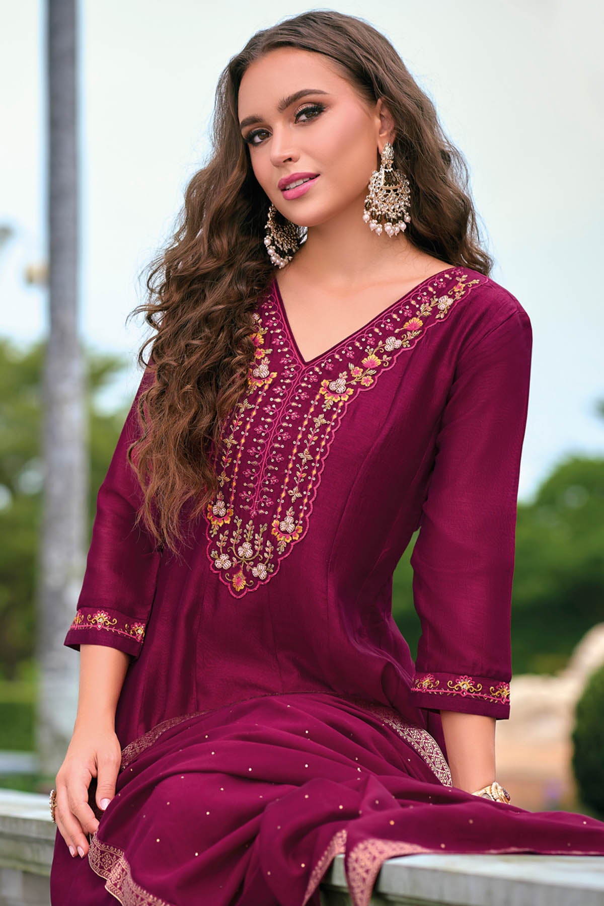 Cherry Red Embroidery Kurta Set