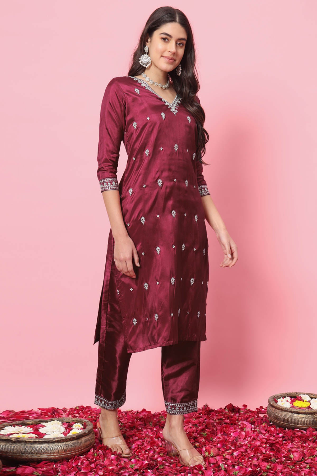 Cherry Red Silk Blend Kurta Set