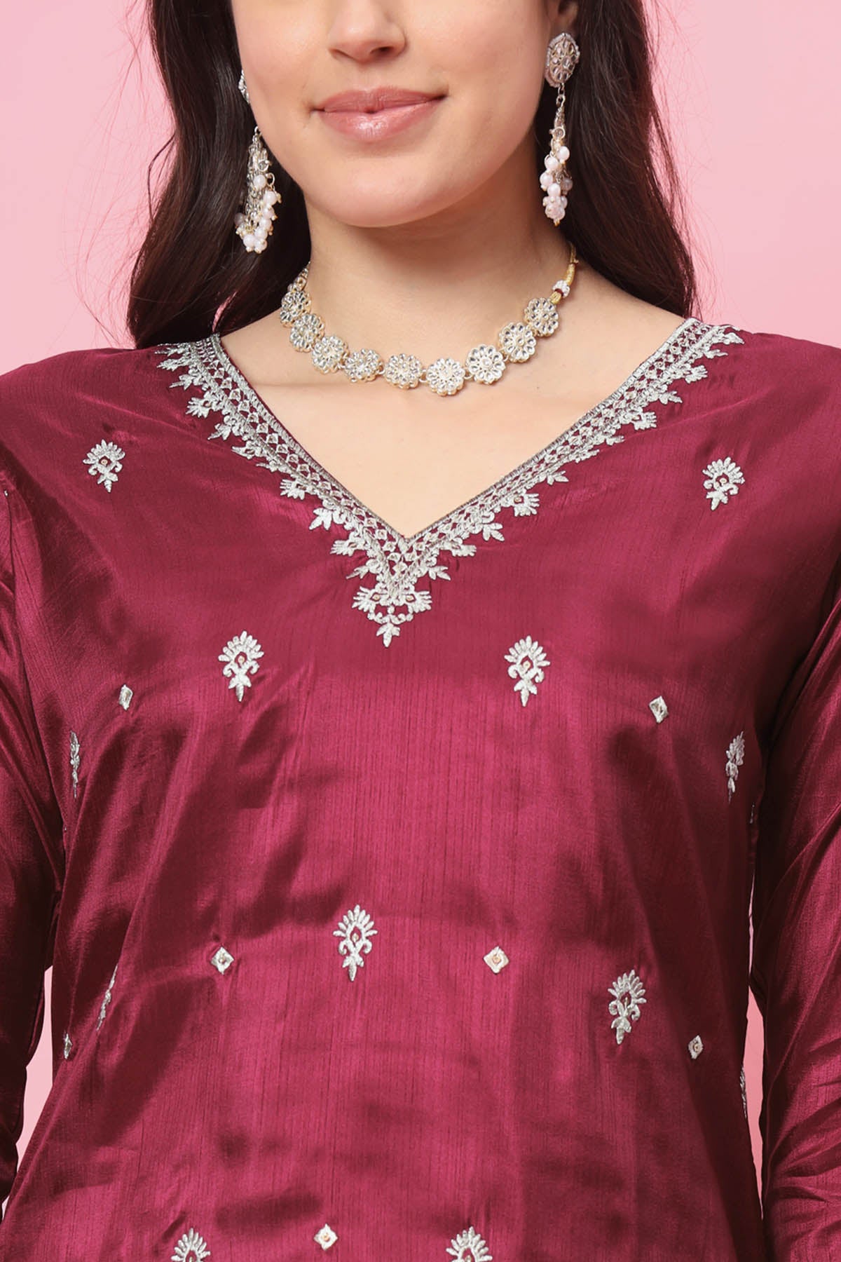 Cherry Red Silk Blend Kurta Set