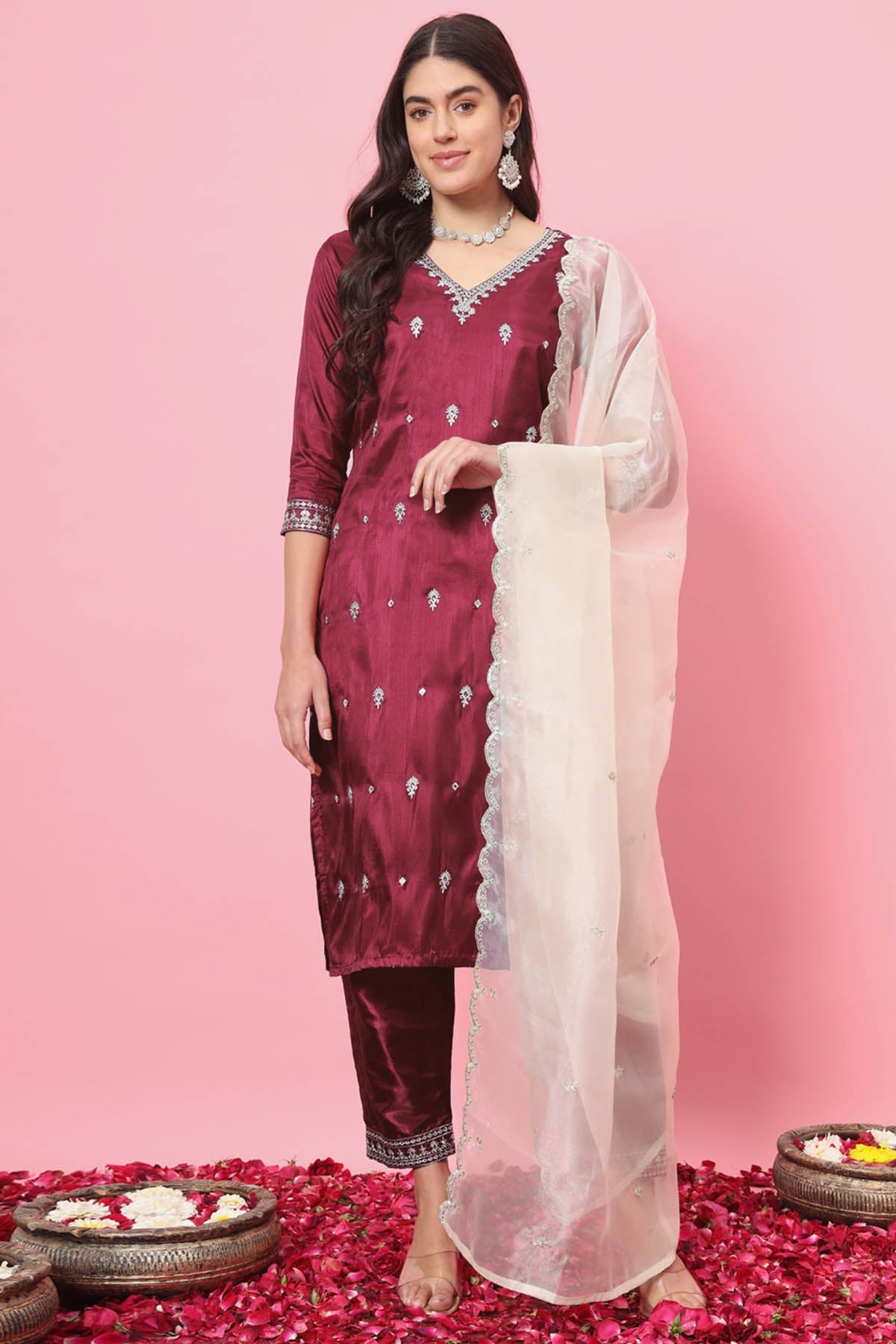 Buy Cherry Red Silk Blend Kurta Set for women by Aastha Fashion online available at scrollnshops