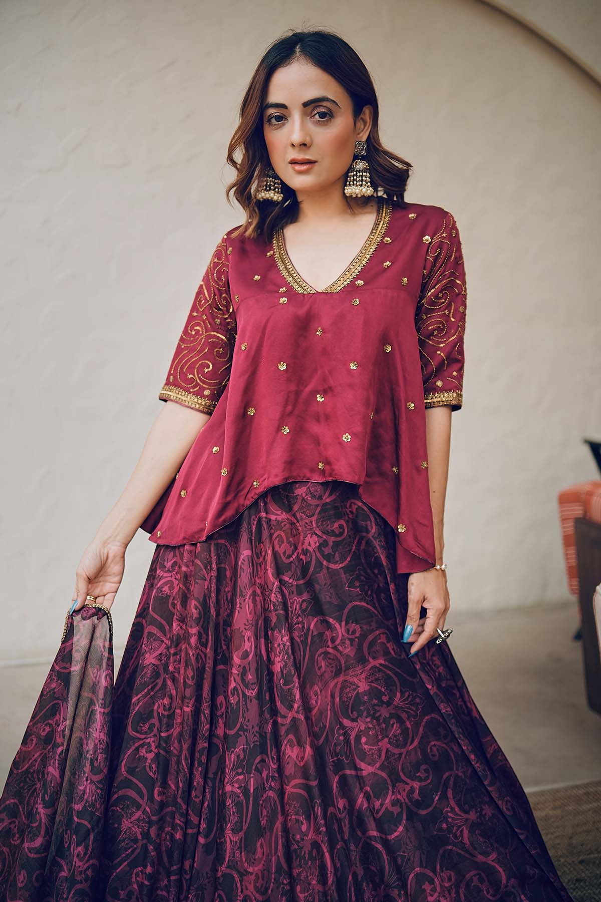 Cherry Viscose Print Lehenga Set