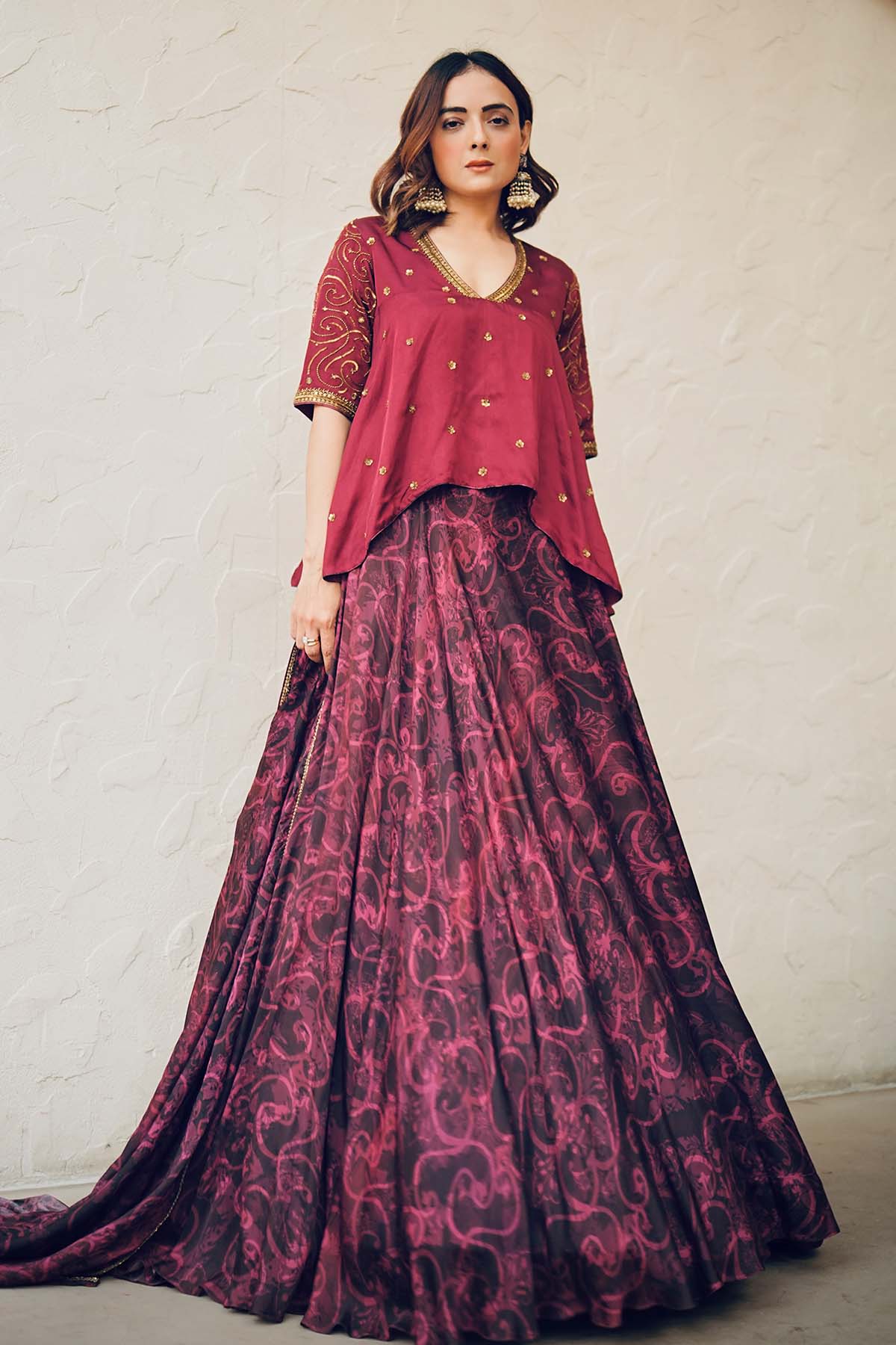 Buy Cherry Viscose Print Lehenga Set by Koswi for women online at ScrollnShops