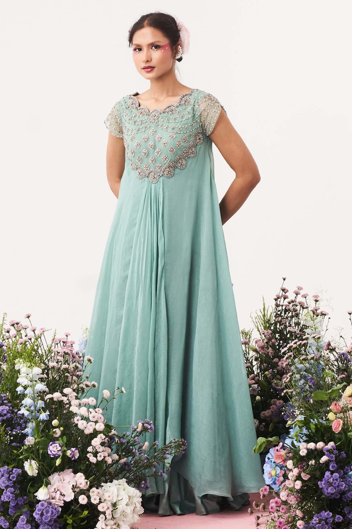 Seharre Chiffon Embroidered Green Gown for women online at ScrollnShops