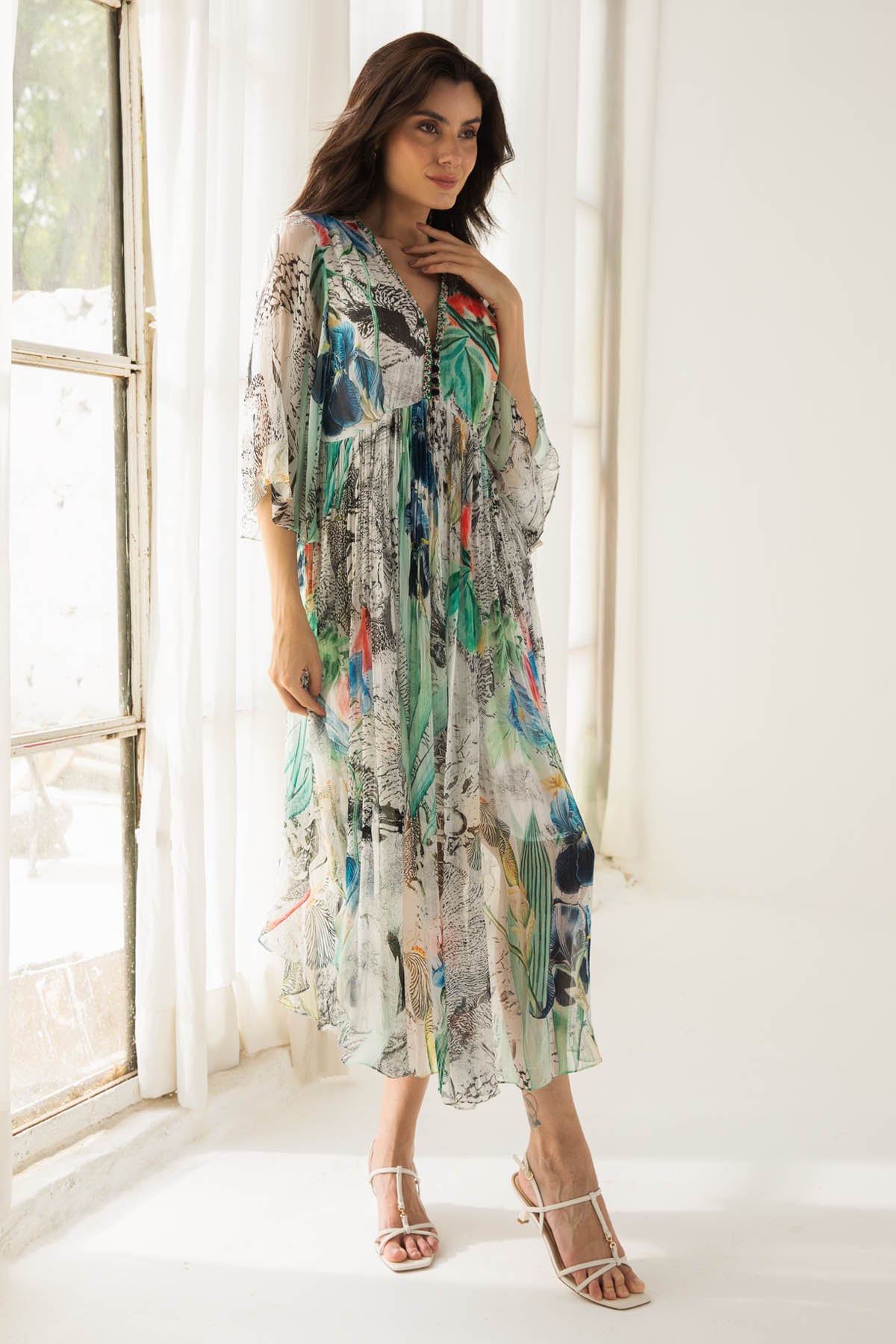 Chiffon Print V-Neck Midi Dress