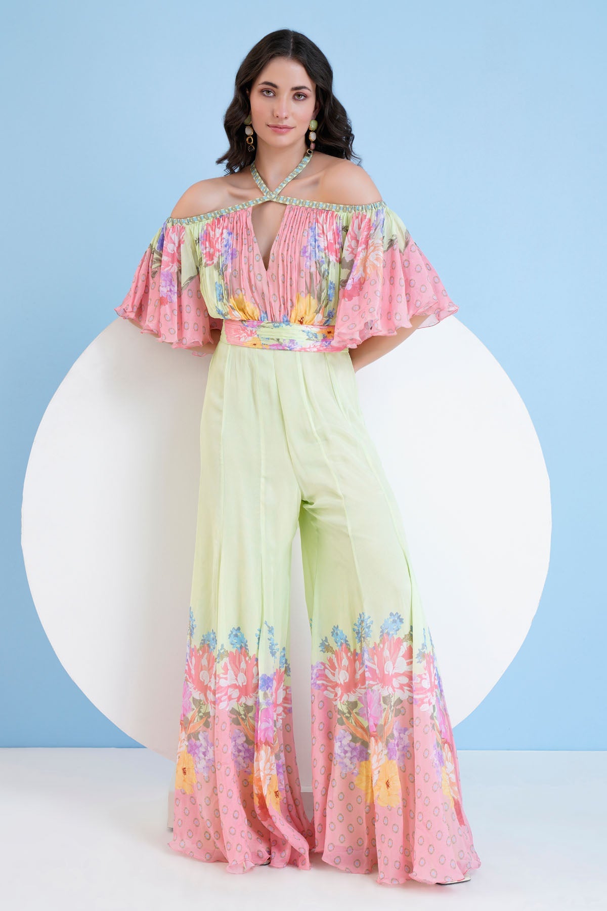 Buy Chiffon Printed Flare Jumpsuit by Mandira Wirk