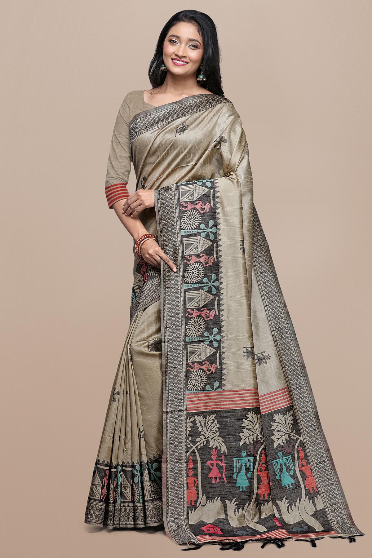 Buy Chiku Raw Silk Kalamkari Saree by Lili Lala for women online at ScrollnShops