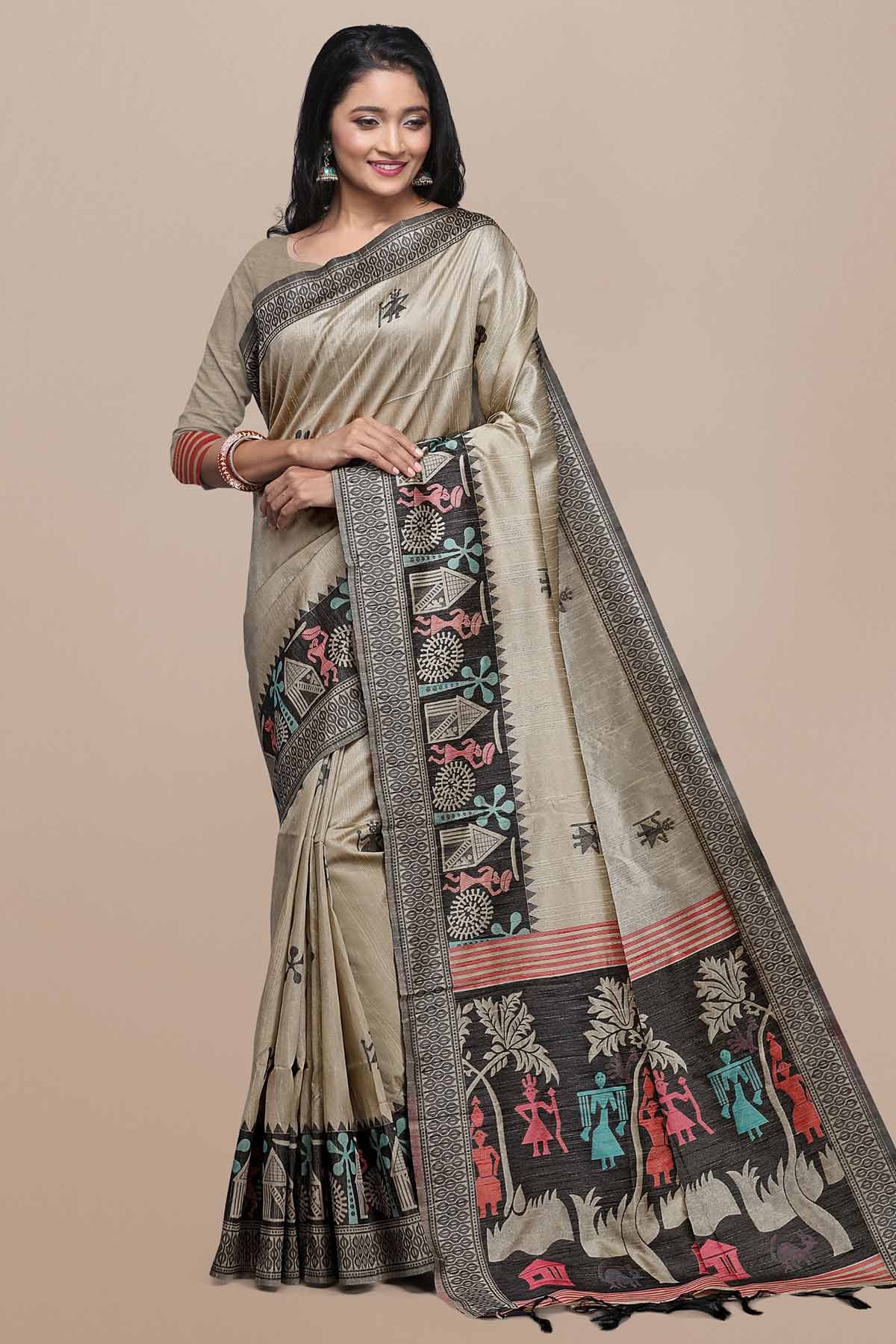 Chiku Raw Silk Kalamkari Saree